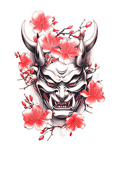 Tattoo template of an Oni mask with cherry blossoms