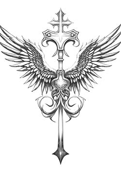 Tattoo template of a cross with angel wings and intricate designs symbolizing divine protection and strength