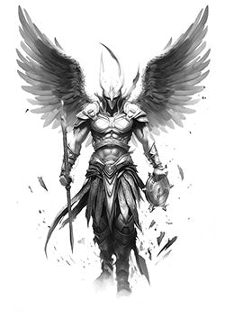 Tattoo template of a winged warrior holding a spear and shield