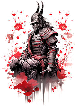 Tattoo template of a samurai warrior surrounded by red flowers