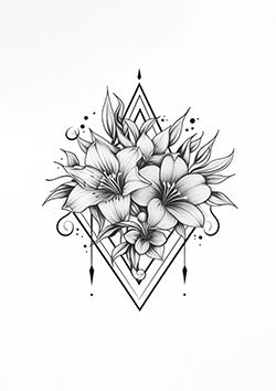 Tattoo template of a geometric diamond frame filled with lilies