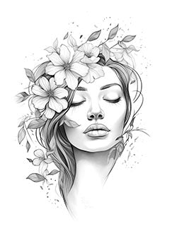 Tattoo template of a serene woman's face surrounded by flowers and leaves