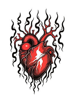 Tattoo template of a red anatomical heart with black flames