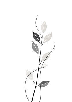 Tattoo template of a minimalist botanical branch with leaves in black and grey tones