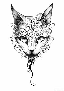 Tattoo template of a detailed and ornate cat head with swirling patterns