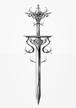 Tattoo template of an ornate sword with intricate scrollwork and a gleaming blade symbolizing strength and grace