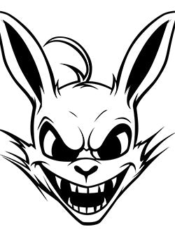 Tattoo template of a fierce cartoon rabbit's head with sharp teeth and intense eyes