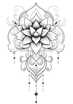 Tattoo template of a lotus flower with mandala patterns and dangling elements