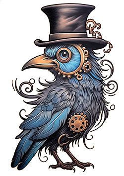 Tattoo template of a steampunk-style crow with gears and a top hat