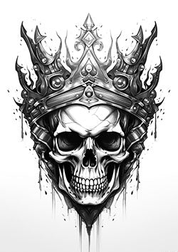 Tattoo template of a skull wearing a decorative crown with black ink splatter accents.