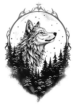 Tattoo template of a wolf in a forest with a moon background