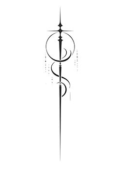 Tattoo template of a minimalist spear with cosmic circles and dot detailing