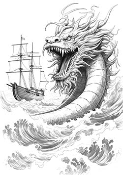 Tattoo template of a sea dragon and a ship