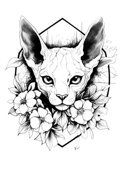 Tattoo template of a cat face with flowers in a geometric frame