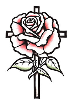 Tattoo template of a rose in full bloom intertwined with a cross, symbolizing faith and peace