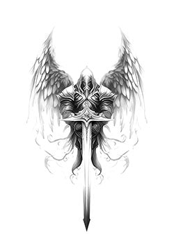 Tattoo template of a winged knight's helmet with a sword