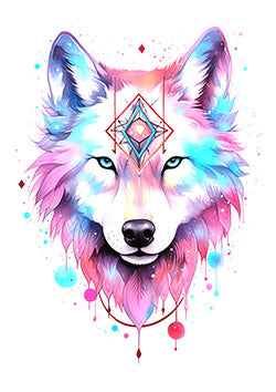 Tattoo template of a wolf's face with geometric patterns in vibrant pastel colors