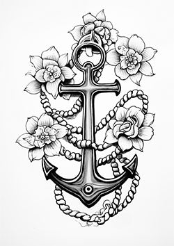 Tattoo template of an anchor adorned with flowers and rope, symbolizing hope and strength