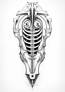 Tattoo template of a biomechanical heart with gears and skeletal elements