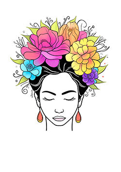 Tattoo template of a woman with a colorful floral crown and serene expression