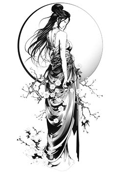 Tattoo template of a geisha with cherry blossoms