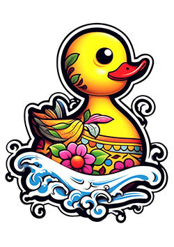 Tattoo template of a duck decorated with flowers and patterns, surrounded by blue waves.