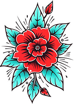 Tattoo template of a vibrant red flower with turquoise leaves