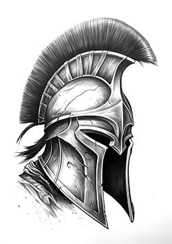 Tattoo template of a Spartan helmet with detailed engravings and battle scars, symbolizing strength and resilience