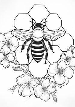 Tattoo template of a detailed bee, flowers, and geometric honeycombs.