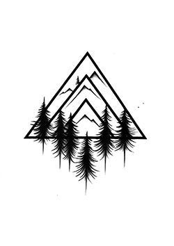 Tattoo template of a mountain and pine trees in a triangular frame