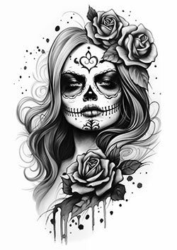 Tattoo template of a woman as La Catrina with flowing hair and roses