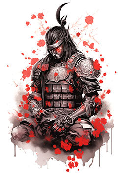 Tattoo template of a sorrowful samurai with red accents