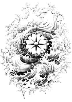 Tattoo template of a compass with waves and clouds