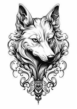 Tattoo template of an ornate wolf with tribal elements