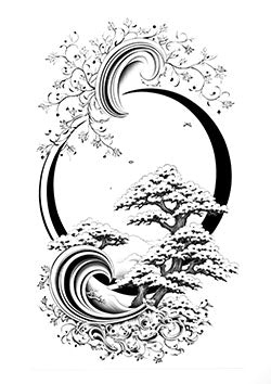 Tattoo template of a wave and bonsai tree design