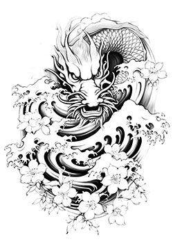 Tattoo template of a dragon with cherry blossoms