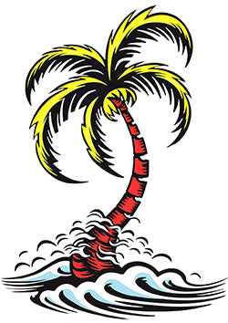 Tattoo template of a vibrant palm tree with a red trunk bending in ocean waves