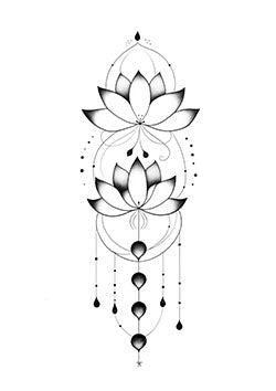 Tattoo template of a symmetrical lotus flower with decorative elements and cascading droplets