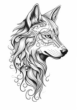 Tattoo template of a stylized wolf with tribal patterns