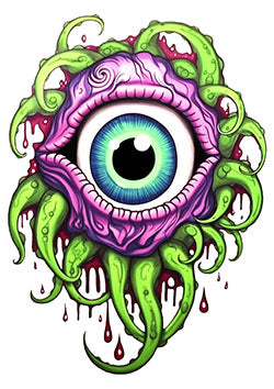 Tattoo template of a vibrant eyeball with green tentacles and red dripping details