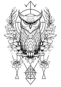 Tattoo template of an owl with geometric and floral elements