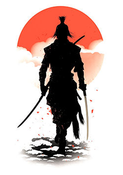 Tattoo template of a samurai with a rising sun behind