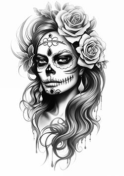 Tattoo template of a sugar skull woman with roses and intricate designs in black and white