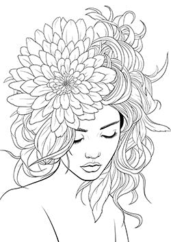 Tattoo template of a woman with a chrysanthemum in her hair, representing serenity and elegance.