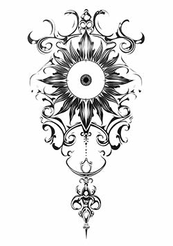 Tattoo template of a stylized sun with ornamental filigree details