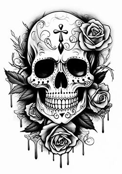 Tattoo template of a detailed skull with blooming roses blending life and death