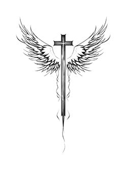 Tattoo template of a cross with angel wings symbolizing faith and protection