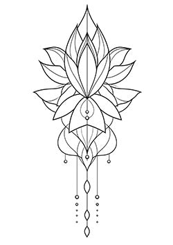 Tattoo template of a symmetrical lotus with geometric details and hanging beads