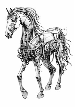 Tattoo template of a cyberpunk mechanical horse with detailed gears and circuits