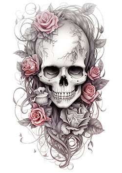 Tattoo template of a skull with roses and flowing hair symbolizing life and death